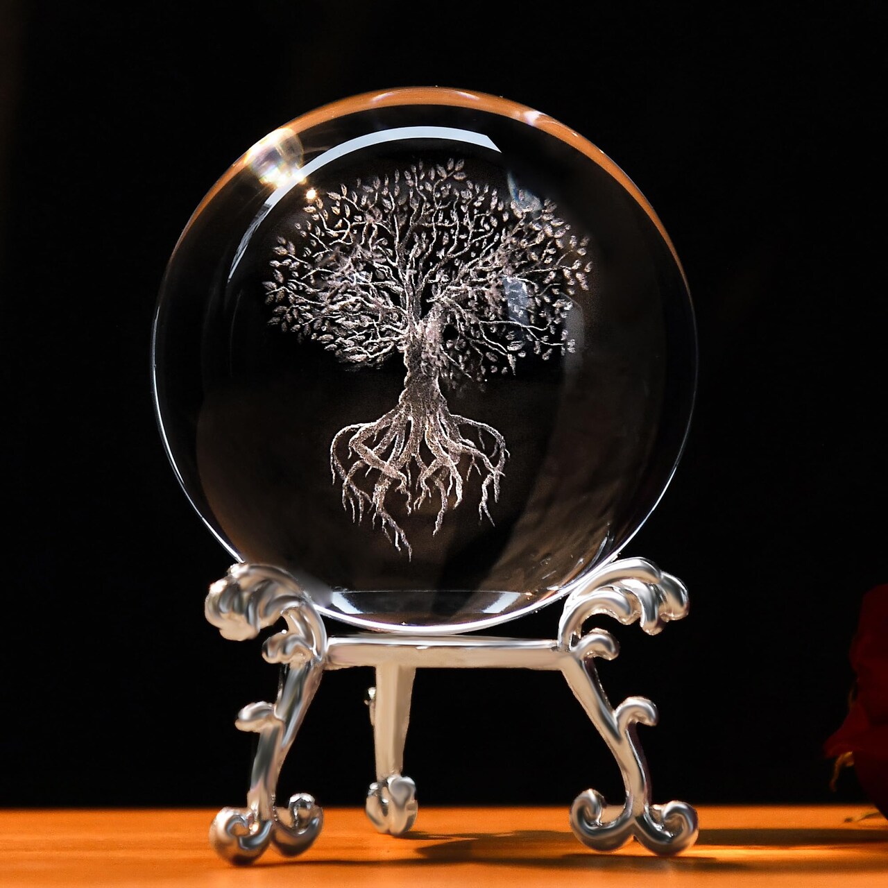 3D Tree of Life Crystal Ball with Stand Laser Engraved Glass Ball Tree of Life Decor Decorative Globes 3D Crystal Plant Sphere Gifts for Her Birthday